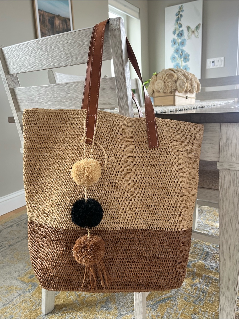 Mar Y Sol Montauk Colorblock Raffia Tote Bag Beach Bag with Pom-Poms Like New